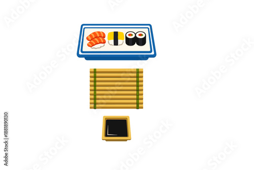 Sushi platter with rolls and dipping sauce placed on a bamboo mat for