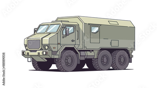 Illustration of a military transport vehicle with six wheels and armored cargo section