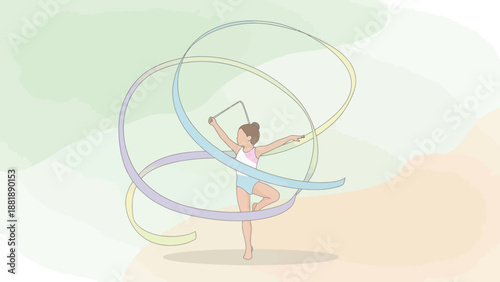 Young girl performing rhythmic gymnastics with colorful ribbons