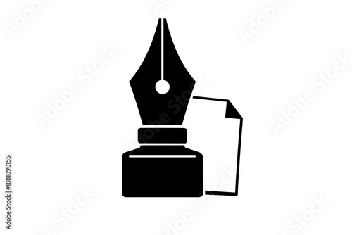 Writing tool with ink bottle and paper on a plain background showing