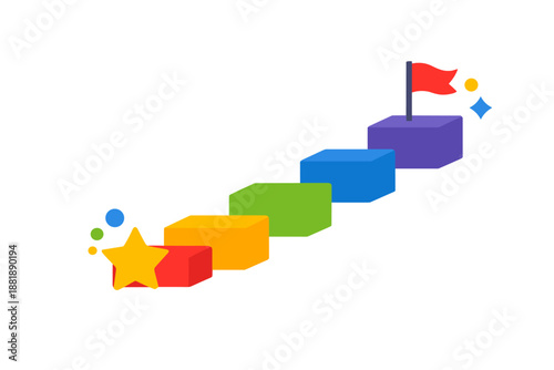 Colorful blocks create a path leading to a flag atop blocks with a