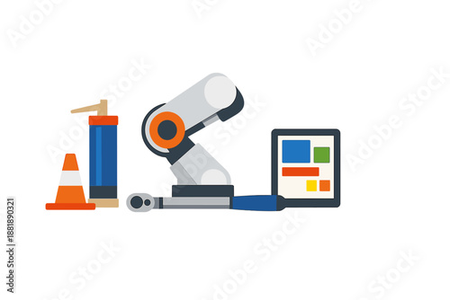 Robotic arm and tools set up for industrial tasks in a workspace