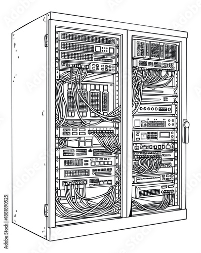 A detailed line drawing of a complex server rack filled with various network hardware components and an intricate web of interconnected cables, perfect for illustrating IT infrastructure