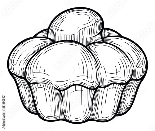 Traditional French brioche pastry in a classic engraving style, perfect for vintage bakery menus, recipe book illustrations, or rustic food packaging designs