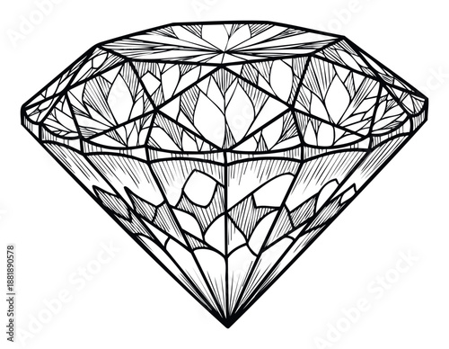 A shimmering faceted crystal outline drawing perfect for jewelry store branding, luxury product packaging, or elegant wedding invitation accents, symbolizing preciousness and eternal beauty.