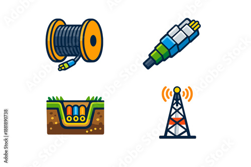Different tools and symbols related to telecommunications and
