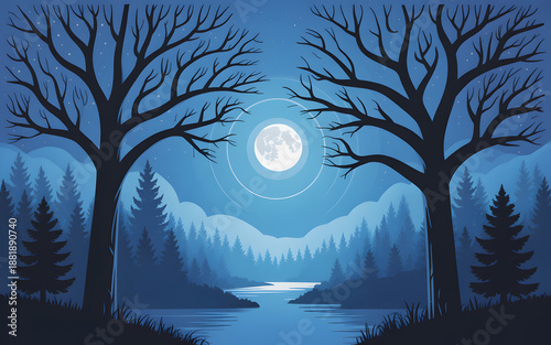 Full moon night with trees, forest, river and hills vector illustration.