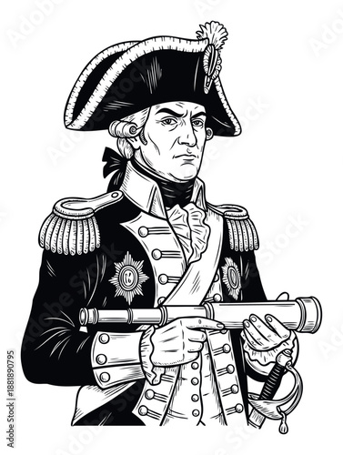 Vintage engraving depicting a stern male naval officer in a period uniform holding a spyglass, ideal for historical education, maritime themes, or antiqueinspired graphic projects.