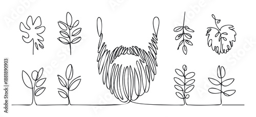 Minimalist continuous line drawing of a flowing beard complemented by various botanic leaves and sprout plants, excellent for masculine branding, naturethemed decor, or sustainable product