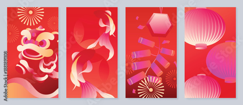 Happy Chinese New Year 2026 vector poster set with lion dance face, lucky knot bow and festive confetti on orange and red gradient background. Festive lunar holiday design for greeting cards, banners.