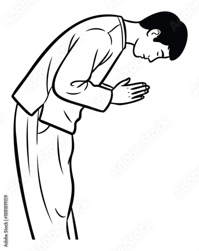 Professional Asian man performing a respectful bow with hands together, conveying politeness and tradition for business etiquette and cultural education materials.