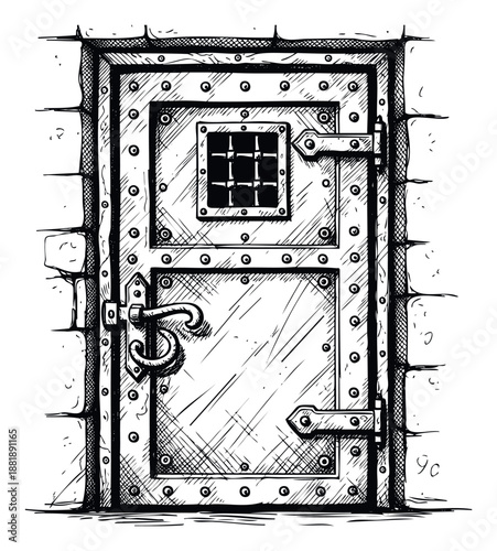 Strong riveted metal door with a small barred window and large handle, set in a stone wall, perfect for historical security themes, dungeon designs, or strong barrier concepts in various