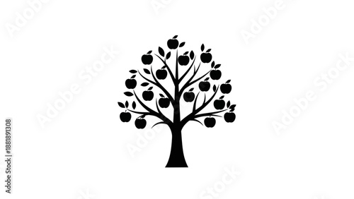 Stylized apple tree illustration with many apples on a white background.