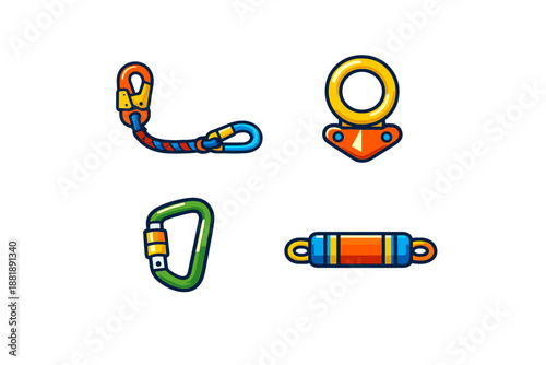 Climbing gear including carabiners and connectors used for rock