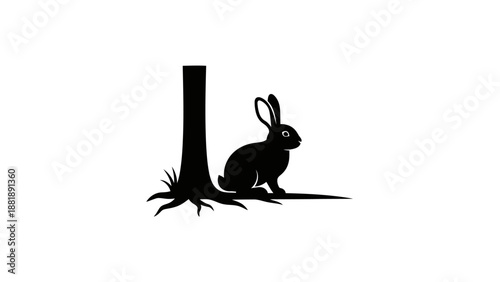 Silhouette of a rabbit hiding behind a tree trunk on white background.