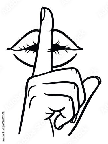 Hand with index finger making a quiet gesture over lips with closed eyes, conveying secrecy and silence for communication, privacy, or educational materials.