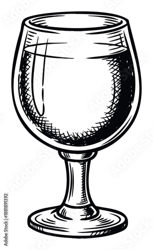 Classic hand drawn snifter glass filled with beverage in a traditional sketch style suitable for drink menus or vintage themed event invitations