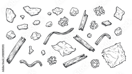 Collection of scattered hand drawn debris including broken wooden planks, crumpled paper pieces, and various shaped stones, ideal for graphic resource or background texture