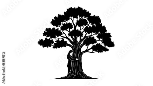 Silhouette illustration of a person hugging a large tree, symbolizing nature conservation and environmental awareness.