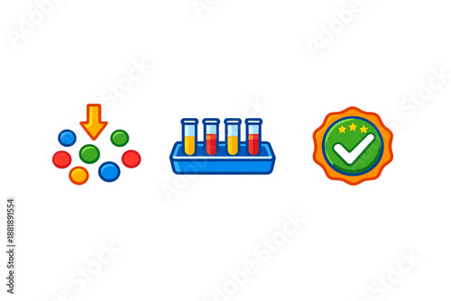 Colorful symbols representing different scientific concepts and