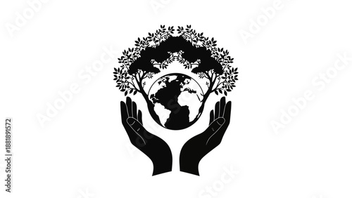 Hands holding the Earth with trees, symbolizing environmental protection and sustainability.