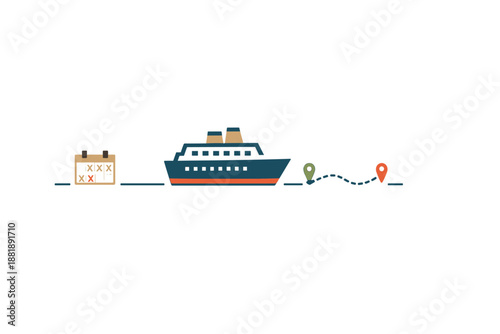 Cruise ship sailing with icons of calendar and route markers during