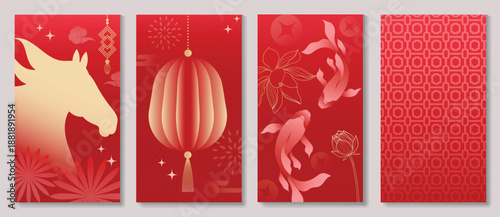 Happy Chinese New Year 2026 vector poster set with horse silhouette, lanterns and koi fish elements on red gradient background. Festive lunar holiday design for greeting cards, banners, invitations.