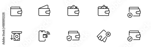 Wallet and payment icons set with cash, cards, transactions, digital wallets, finance actions, and secure mobile payment features in minimal outline style for apps and website. editable stroke icon