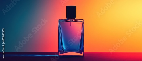 Elegant transparent glass bottle with deep blue liquid on vibrant gradient background