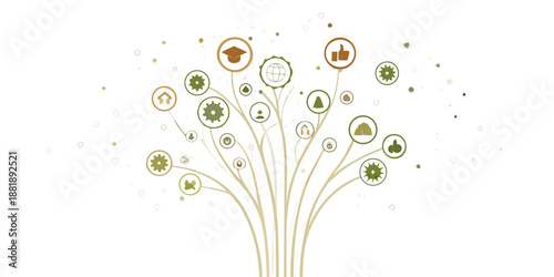Abstract tree illustration with icons representing growth and positive concepts