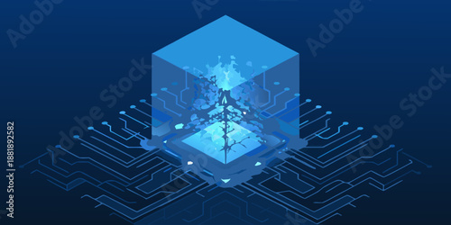 Abstract geometric design featuring a glowing crystal within a technological circuit pattern