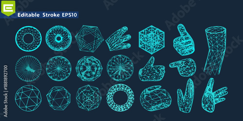 Collection of glowing blue geometric shapes and polygonal wireframe designs