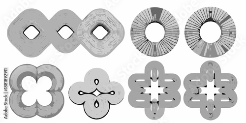Detailed illustration of various geometric and decorative metal or paper cut shapes
