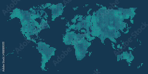 Pixelated world map illustration with teal and dark blue color scheme