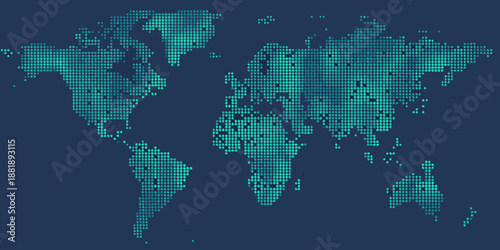 A digital world map constructed from glowing turquoise pixel squares