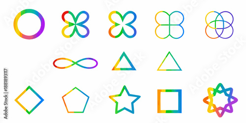 Colorful geometric shapes and symbols arranged in a visually appealing composition