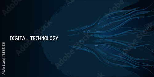 Abstract digital technology background with flowing lines and dark blue tones