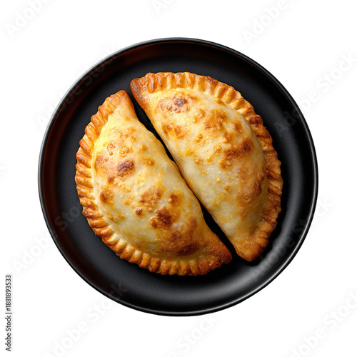 Latin American fried empanadas with tomato and avocado sauces. Top view