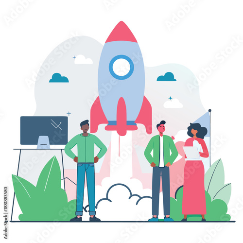 startup team launching rocket symbol representing rapid business growth