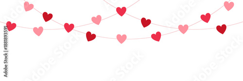 Paper pink heart string. Valentine day garland. Love background. Wedding banner. Happy Holiday decoration. Birthday party bg. Hanging confetti. 8 March card. Vector illustration