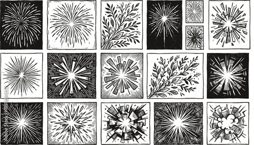 Black and white vector illustration of 16 square tiles featuring stylized botanical and abstract burst motifs in grid layout