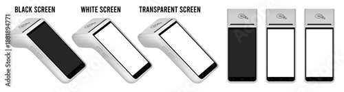 POS Terminal with black, white and transparent screen. Mockup of a white wireless terminals. NFC payment machine. Credit cards are accepted here. Payments device. Banking equipment