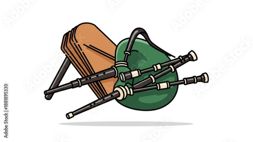 Traditional bagpipes musical instrument folk woodwind equipment with green bag and drone pipes isolated on white background for cultural or historical concepts