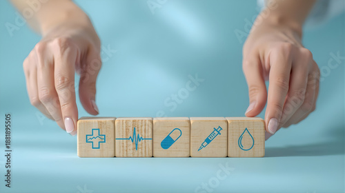 Hands arranging wooden blocks with health-related symbols on a light blue surface viewed from a slightly elevated angle