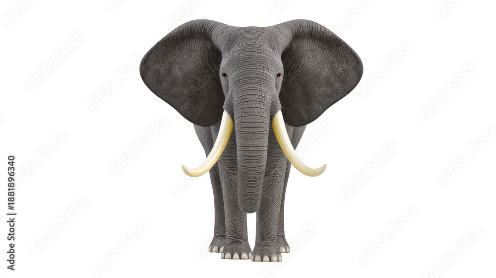 Obraz premium African elephant large mammal wildlife tusk gray skin standing isolated front view nature animal majestic powerful savanna conservation endangered big ears trunk herbivore safari outdoors strong
