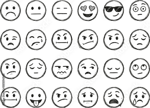   
Black and white vector illustration of solid hand-drawn emoticons showing expressive facial emotions in circular sketch style