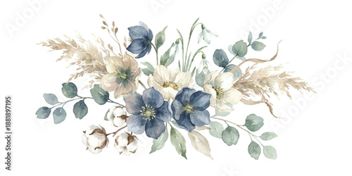 Watercolor floral bouquet with blue anemones, white cotton, pampas grass, and eucalyptus leaves for wedding invitations