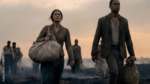 Wallpaper Mural A diverse group of people in historical clothing walking across a scorched field at dusk, carrying heavy sacks during a difficult journey of migration and hardship. Torontodigital.ca