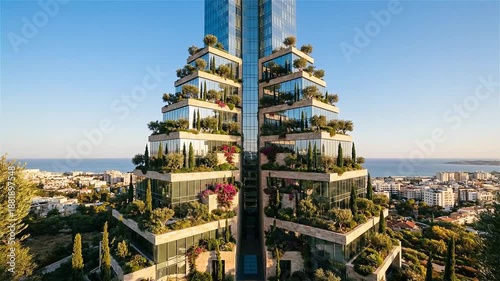 Wallpaper Mural Sustainable Modern Glass Skyscraper Featuring Lush Vertical Gardens and Mediterranean Trees Overlooking a Coastal City at Sunset Torontodigital.ca