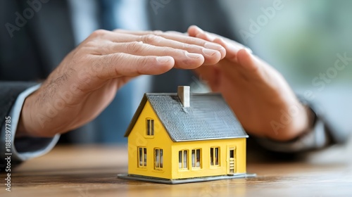 Insurance agent hand protecting a house model. Concept: Home insurance and mortgage protection, property security, financial safety, trust between homeowner and insurance agent, risk management.